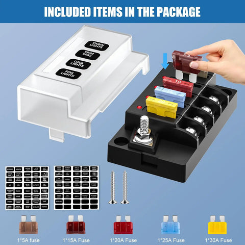Waterproof 12V Four Circuit Fuse Block Marine Fuse Panel With LED Indicator Relay Box Kit Damp Proof Cover Built For 12V 24V Autos Boats Trucks RVs Easy Install Space Saving Rugged Durable Electrical Hub, open cover with assorted fuses