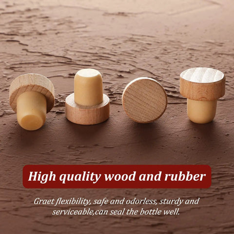 24 Piece T Shaped Cork Plugs Set Reusable Wooden And Rubber Wine And Beer Bottle Stoppers on textured surface