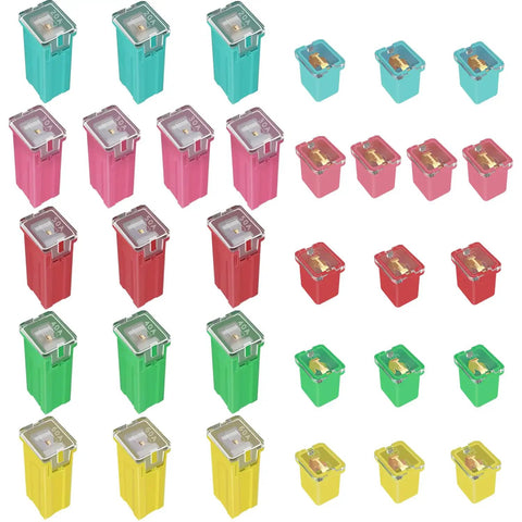 32 piece Tailgate Tough Jcase fuse assortment kit showing colorful auto electrical fuses rated 20A to 60A for trucks and SUVs.