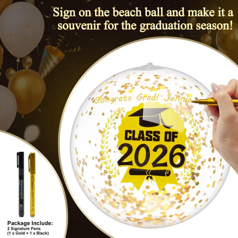 Class Of 2026 Graduation Beach Balls Set 11 Inch Inflatable Party Balls With Glitter Gold And Black Markers For Senior Celebrations Poolside Beach Decor And Gift Favors 10 Pack