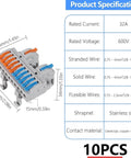 Din Rail Terminal Blocks Kit With 2 In 10 Out Universal Compact Lever Wire Connectors, specifications in diagram
