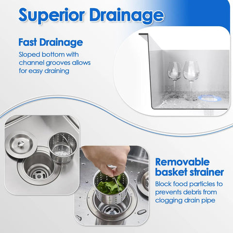 Drop In Kitchen Sink With Single Bowl 22 Inch By 18 Inch 9 Inch Deep Pro Grade 304 Stainless Steel Brushed Finish Top Mount Design Pre Drilled 2 Hole Faucet And Drain Assembly Fits Standard Garbage Disposal Durable And Easy To Clean showing superior drainage and removable basket strainer.