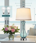 Coastal Glass Table Lamp Set Of 2, 27.5 Inch Blue Nautical Bedside Lamps With White Linen Shade, USB Ports, bulbs on table