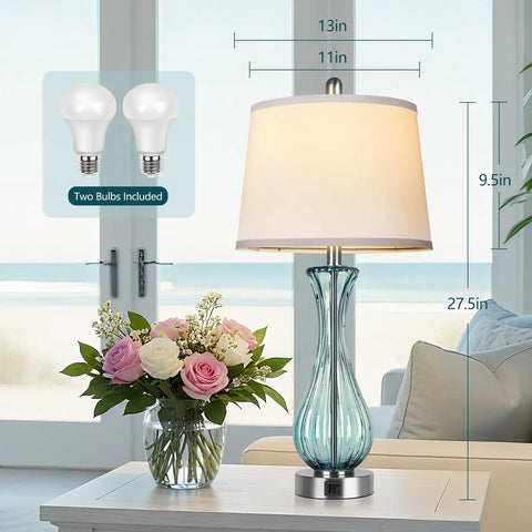 Coastal Glass Table Lamp Set Of 2, 27.5 Inch Blue Nautical Bedside Lamps With White Linen Shade, USB Ports, bulbs on table