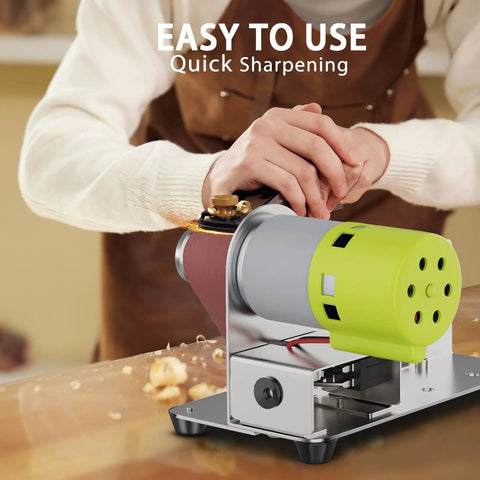 Smooth Operator Mini Belt Sander With 7 Adjustable Speeds And 15 Degree Angle Guide for quick knife sharpening and metalworking.