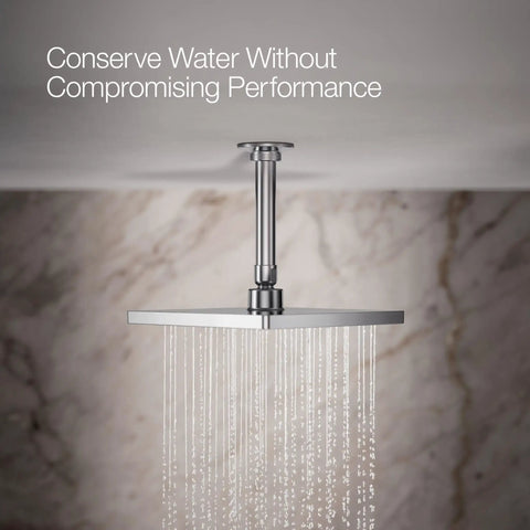 Honesty Square Rain Shower Head 8 Inch, 2.5 GPM Wide Coverage mounted on ceiling releasing water, polished chrome finish