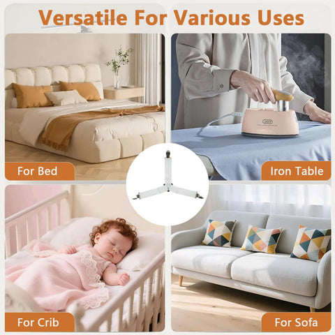 Four Pack Bed Sheet Straps With Metal Clips, Adjustable Fitted Sheet Holders shown for bed, crib, ironing, sofa uses.