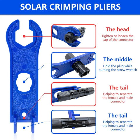 Solar Panel Connector Kit With 60 Pieces Male And Female Connectors spanner wrench diagram showing use for tightening and separating