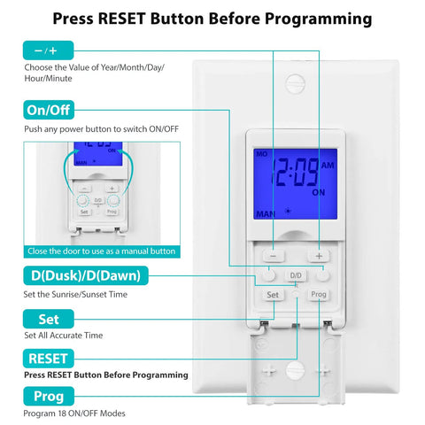 Front view of 7 Day Programmable Astronomical In Wall Timer Switch For Lights, Fans And Motors with labeled buttons for setup
