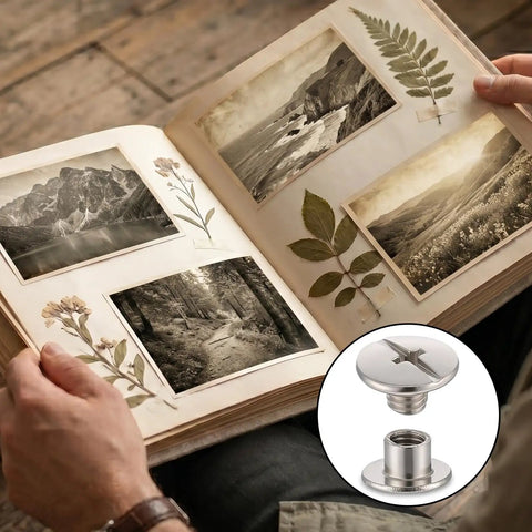 Gear Up Your Leather Creations With This Sick 40 Pack Of Chicago Screws Rivets in a scrapbook with photos and leaves.