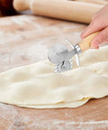 Front view of Amazon Sibba fluted pastry double-wheel crimping cutter with wooden handle for ravioli and dough