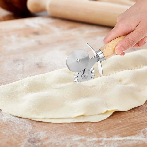 Front view of Amazon Sibba fluted pastry double-wheel crimping cutter with wooden handle for ravioli and dough