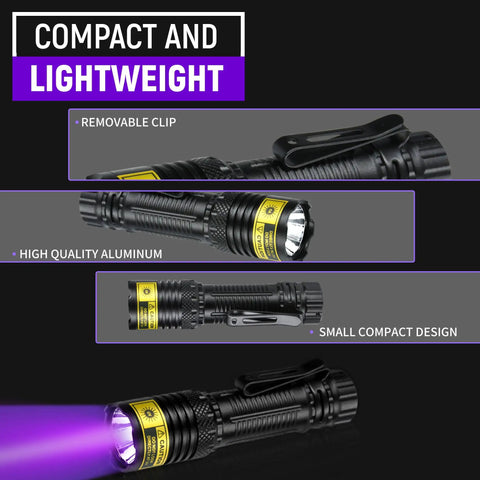 Close-up of Pocket Sized Tiny But Mighty 395 Nm UV Flashlight USB C Rechargeable Black Light with aluminum body and removable clip.