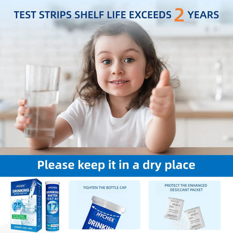 Child holding a glass of water, promoting Hella Reliable Heavy Duty Home Drinking Water Test Kit 25 In 1 with tips.