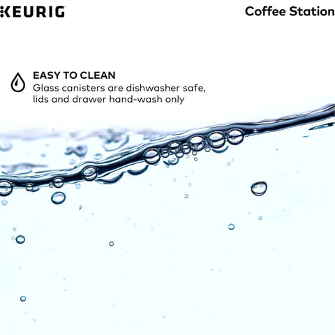 Close-up of bubbles in water with text about cleaning glass canisters in K Cup Pod And Ground Coffee Storage Organizer With Airtight Glass Canisters Holds 12 Oz Ground Coffee And 12 K Cup Pods Black Modern Kitchen Countertop Storage.