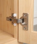 Metal hinge fitting on light wood with plastic dowel inserts and mounting screws for hinges kit - M4x8mm white dowels in cabinet door