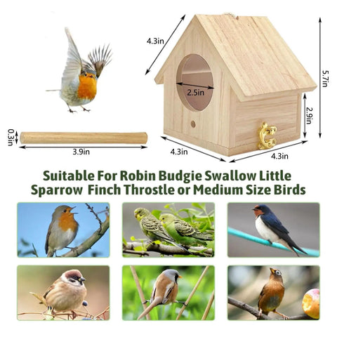 Pack Of 2 Natural Wood Hanging Bird Houses For Outdoors DIY Patio Garden Decor Nest Boxes with dimensions and bird illustrations