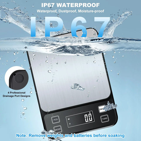 Waterproof Kitchen Scale IPX67 With 0.1g And 0.001oz Precision under water, stainless steel platform, LCD display visible