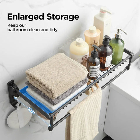 Space Saving 24 Inch Wall Mounted Towel Rack With Foldable Shelf And 7 Hooks in use, storing towels and bottles in bathroom.