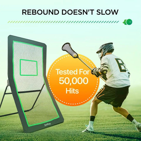 Lacrosse player using Backyard Lax Rebounder Net With 7x4 Foot Practice Area And Five Adjustable Angles