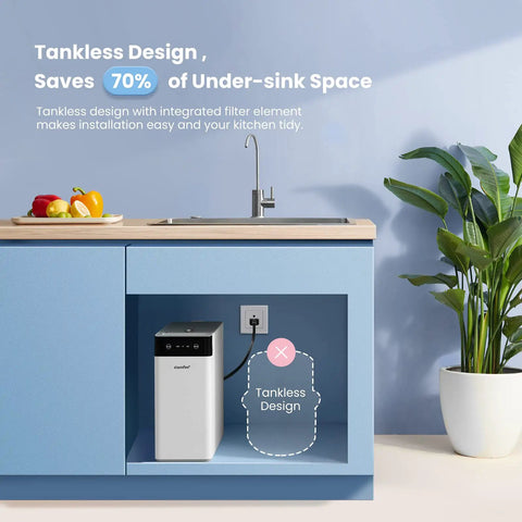 Under-sink installation of Top-Notch Tankless Reverse Osmosis System 400 GPD With 7-Stage Filtration, showcasing tankless design.