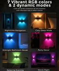 Rechargeable Motion Sensor Light Indoor, Magnetic RGB Wall Sconces 4 Pack showcasing 7 colors and modes in various room settings.