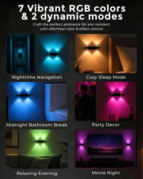 Rechargeable Motion Sensor Light Indoor, Magnetic RGB Wall Sconces 4 Pack showcasing 7 colors and modes in various room settings.