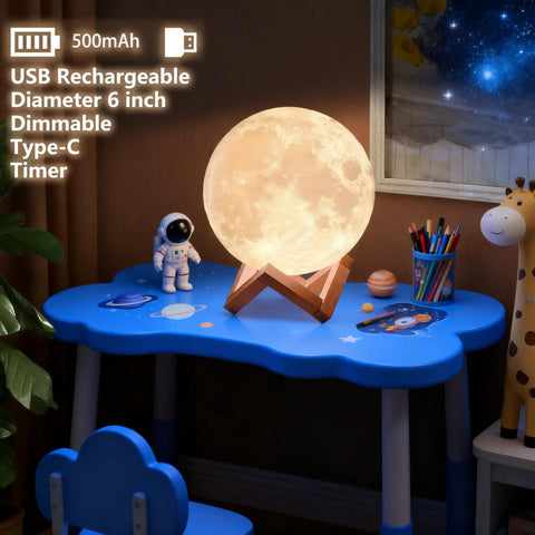 Kid Safe Nursery Night Light With 128 Color Changing LEDs, Stepless Dimming, on a blue child's table with a giraffe toy.
