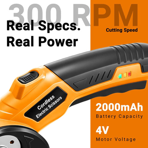 Heavy Duty Cordless Electric Scissors With Led Work Light And Safety Lock, Rechargeable 4V Box Cutter For Cardboard Leather Fabric, 2000Mah Battery shows ergonomic grip and specifications.