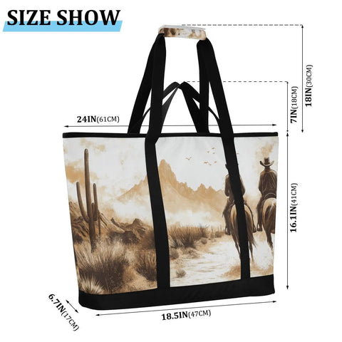 Western Desert Cowboy Style Insulated Cooler Bag With Large Compartment Reusable Thermal Tote, brown desert scene design