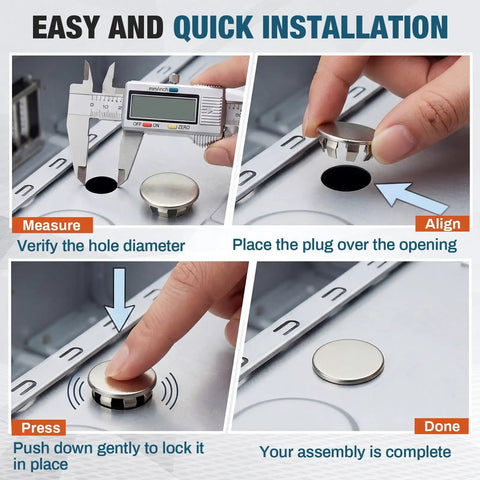 Installation steps for 30 Pack Nickel Plated Steel Snap In Hole Plugs For 1/2 Inch And 3/4 Inch Exposed Knockout Holes No Welding Required Easy Install