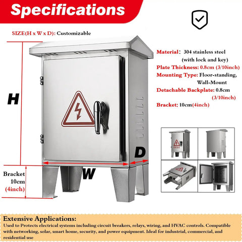 Floor Standing Electrical Box Enclosure For Outdoor All Weather Safety Junction Box, Waterproof Dustproof Cable Power Case With Hinges And Sealing Strip, 304 Stainless Steel, 32 x 24 x 12 Inches, Wall Or Floor Mount, front view