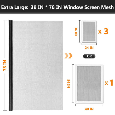 39 By 78 Inch Window Screen Repair Kit No Fuss With Fiberglass Mesh Roll showing screen sizes and options