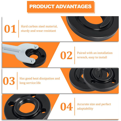 Heavy Duty 3 Piece Angle Grinder Nut And Wrench Set 5/8-11 Thread Replacement showing carbon steel flanges and wrench, durable and easy to install.