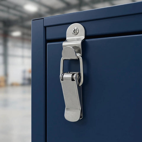 Close-up of stainless 4 Pack 90 Degree Toggle Latches with 16 Stainless Screws for tool boxes, cabinet mount view.