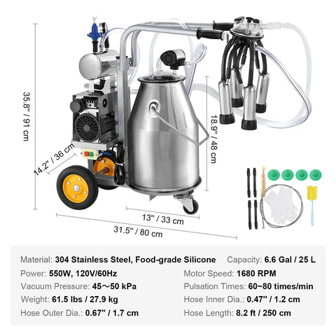Hands Free Goat Milking Machine With 12 L Stainless Steel Bucket, 550W Electric Pulsation Vacuum Milker, Portable Milker System