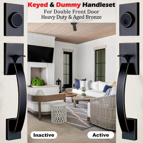 Double Door Handle Set With Keyed Entry And Dummy Handles In Venetian Aged Bronze For Front And Back Doors Adjustable 210mm To 250mm Backset To Fit US Standard Doors Bronze Finish Not Black Movable Hole Position For Easy Install, showing active and inactive functions in living room setting.
