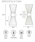 Specifications of JAZAVA 2-Light Up Down Wall Sconce, Frosted Pleated Glass, Pale Brass with dimensions and features.