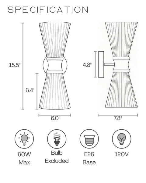 Specifications of JAZAVA 2-Light Up Down Wall Sconce, Frosted Pleated Glass, Pale Brass with dimensions and features.
