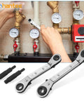 Person using HVAC Service Wrench Kit with Quick Flip Ratchet for air conditioning valves, showing tools and S2 alloy steel build.