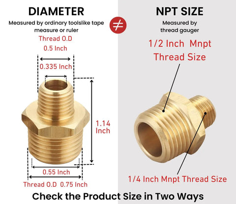 Size comparison of Brass Reducing Hex Nipple Set One Quarter Inch NPT Male To One Half Inch NPT Male, 1/2 Inch Mnpt on right.