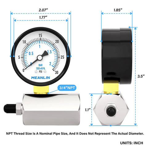 Two Inch Steel Double Graduated Air Test Pressure Gauges For Zero To Thirty Psi Range With Three Quarter Inch FNPT Connection.