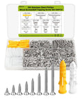 Size 4 Wood Screws Assortment Kit 500 Piece Flat Head 304 Stainless Steel Fasteners For Woodworking And Home Projects in a storage box.
