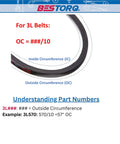 3L490 V Belt X3 Fabric Wrapped Rubber V Belt Black 49 Inch Outside Circumference 0.38 Inch Wide 0.24 Inch Thick Heavy Duty Replacement Belt Pack Of 1 Belt Included, diagram showing OC measurement