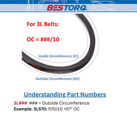 3L490 V Belt X3 Fabric Wrapped Rubber V Belt Black 49 Inch Outside Circumference 0.38 Inch Wide 0.24 Inch Thick Heavy Duty Replacement Belt Pack Of 1 Belt Included, diagram showing OC measurement
