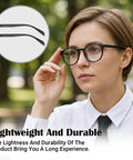 Universal Eyeglass Temple Arms One Pair Sturdy Tr90 Replacement Kit With Brass Screws Anti Slip Nose Pads and Precision Tool for Zero Drama glasses repair. Woman wearing large black glasses with temple arms.
