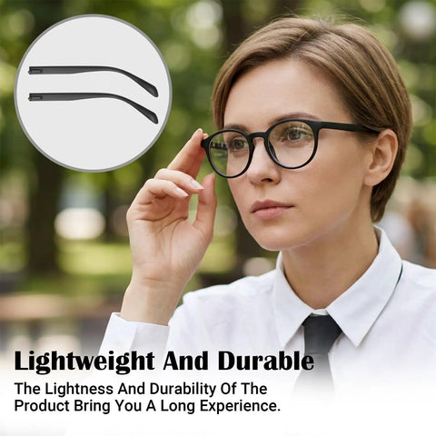 Universal Eyeglass Temple Arms One Pair Sturdy Tr90 Replacement Kit With Brass Screws Anti Slip Nose Pads and Precision Tool for Zero Drama glasses repair. Woman wearing large black glasses with temple arms.