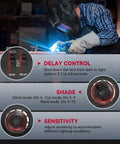 Welder in auto darkening helmet with large viewing screen using MIG torch; helmet features control panel for delay, shade, sensitivity.