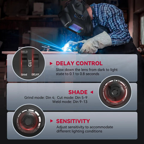 Welder in auto darkening helmet with large viewing screen using MIG torch; helmet features control panel for delay, shade, sensitivity.