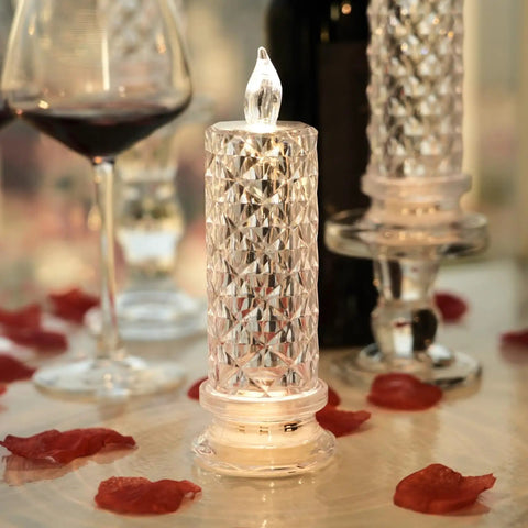 Rose Shadow LED Flameless Candles 4 Pack Battery Operated Pillar Candles For Valentines Proposals Anniversary Weddings Christmas Decor White Romantic Mood Lighting For Home Ambience And Gift Idea on table with rose petals.